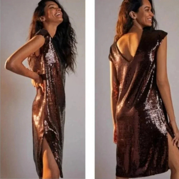Anthropologie Maeve Kara Sequin Shift Dress Brown Size Small - Picture 1 of 6
